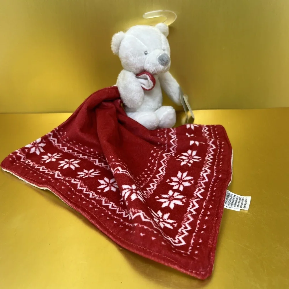 Carters Security Blanket Plush Baby Lovey Rattle white Bear w/ Red blanket 10x11